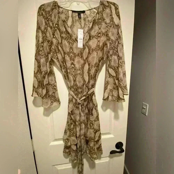 Women’s Snake Print Studded Ruffle Sheer Midi Dress WHBM small NEW - Picture 1 of 14